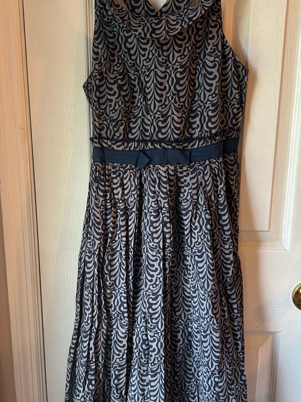 Sleeveless Navy and Gray Patterned Fit-and-Flare Dress